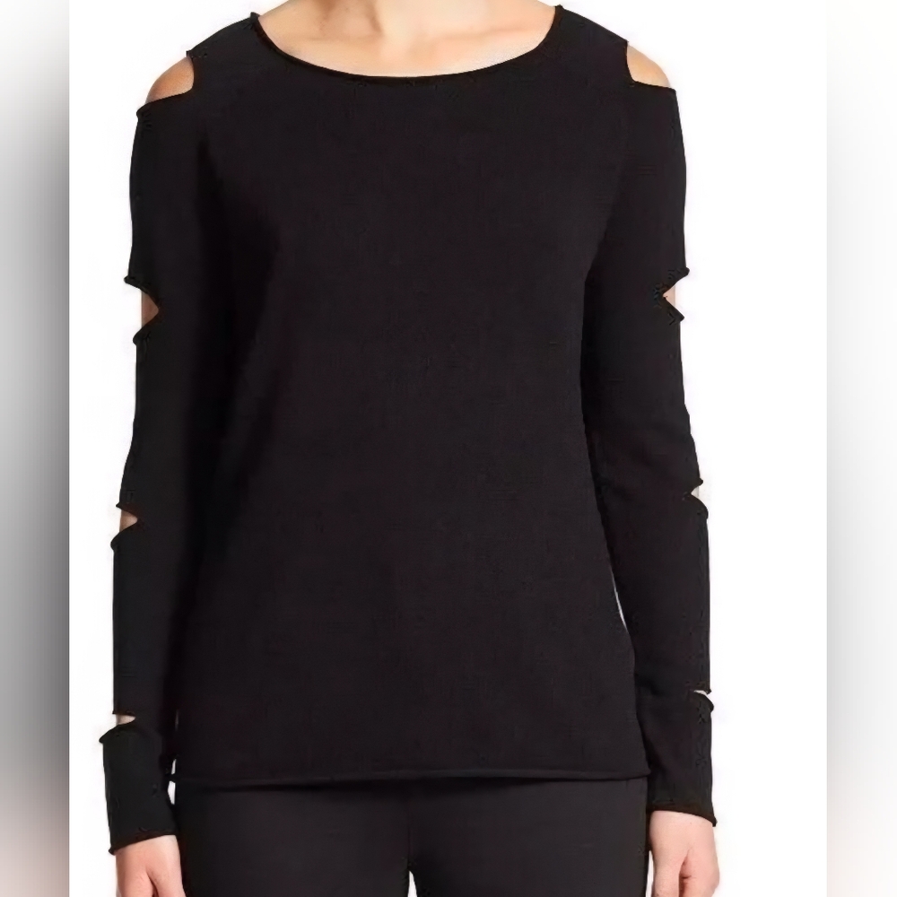 Scull Cashmere Black Shoulder Sleeves Cut Outs Lightweight Cozy Sweater Sz XS